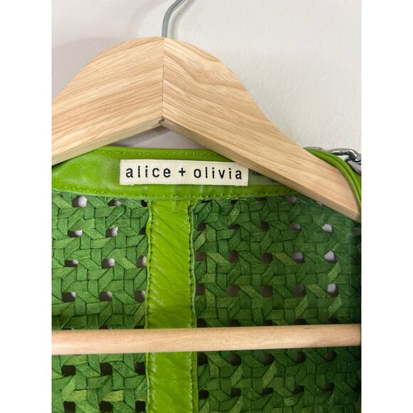 NEW Alice + Olivia Brixton Woven Lamb Leather Cropped Boxy Fit Jacket Green - Picture 4 of 8